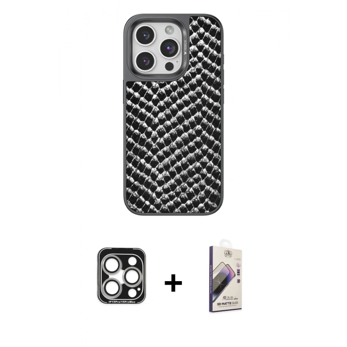 MARSİLYAN™- iPhone 15 Pro Max Kılıf Vadi Özel Seri - Siyah Bilvis 3D Mat Cam Ekran Koruyucu + Gümüş PVD Metal Kamera Lens