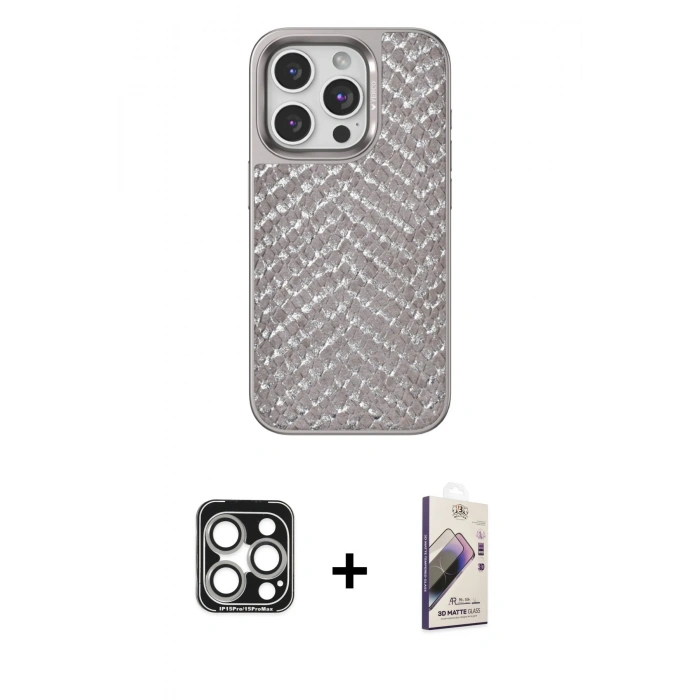MARSİLYAN™- iPhone 15 Pro Max Kılıf Vadi Özel Seri - Siyah Bilvis 3D Mat Cam Ekran Koruyucu + Gümüş PVD Metal Kamera Lens