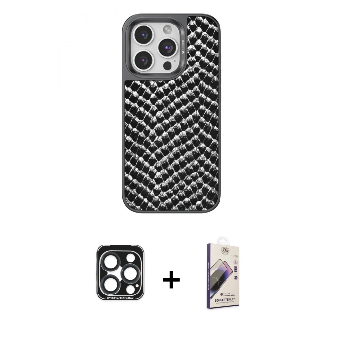 MARSİLYAN™- iPhone 15 Pro Max Kılıf Vadi Özel Seri - Siyah Bilvis 3D Mat Cam Ekran Koruyucu + PVD Metal Kamera Lens - LT