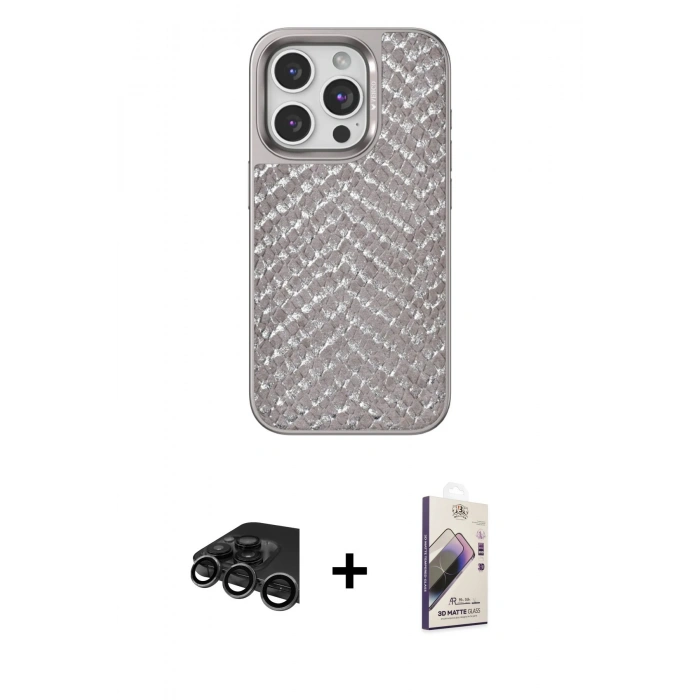 MARSİLYAN™- iPhone 15 Pro Max Kılıf Vadi Özel Seri - Siyah Bilvis 3D Mat Cam Ekran Koruyucu + Titanyum Gri Raze Metal Kamera Lens