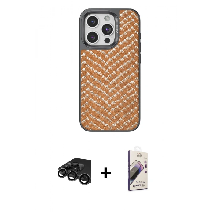 MARSİLYAN™- iPhone 15 Pro Max Kılıf Vadi Özel Seri - Siyah Bilvis 3D Mat Cam Ekran Koruyucu + Titanyum Gri Raze Metal Kamera Lens