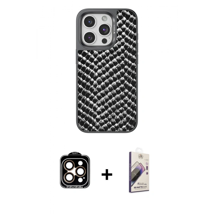 MARSİLYAN™- iPhone 15 Pro Max Kılıf Vadi Özel Seri - Siyah Bilvis 3D Mat Cam Ekran Koruyucu + Turuncu PVD Metal Kamera Lens
