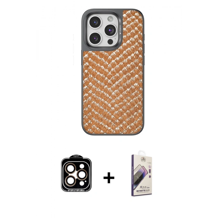 MARSİLYAN™- iPhone 15 Pro Max Kılıf Vadi Özel Seri - Siyah Bilvis 3D Mat Cam Ekran Koruyucu + Turuncu PVD Metal Kamera Lens