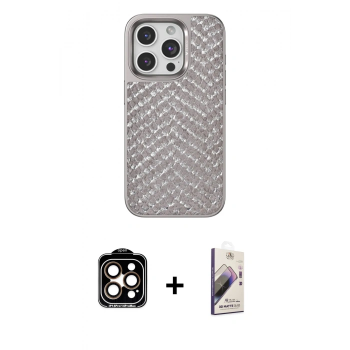 MARSİLYAN™- iPhone 15 Pro Max Kılıf Vadi Özel Seri - Siyah Bilvis 3D Mat Cam Ekran Koruyucu + Turuncu PVD Metal Kamera Lens