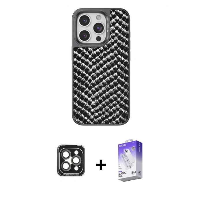 MARSİLYAN™- iPhone 15 Pro Max Kılıf Vadi Özel Seri - Siyah Bilvis 5in1 3D Magic Cam Ekran Koruyucu + PVD Metal Kamera Lens - GI