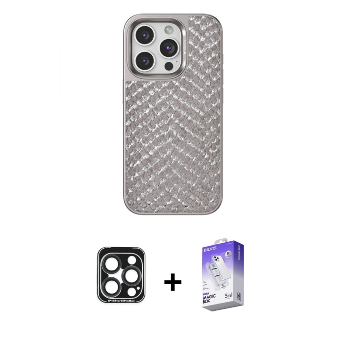 MARSİLYAN™- iPhone 15 Pro Max Kılıf Vadi Özel Seri - Siyah Bilvis 5in1 3D Magic Cam Ekran Koruyucu + PVD Metal Kamera Lens - LT