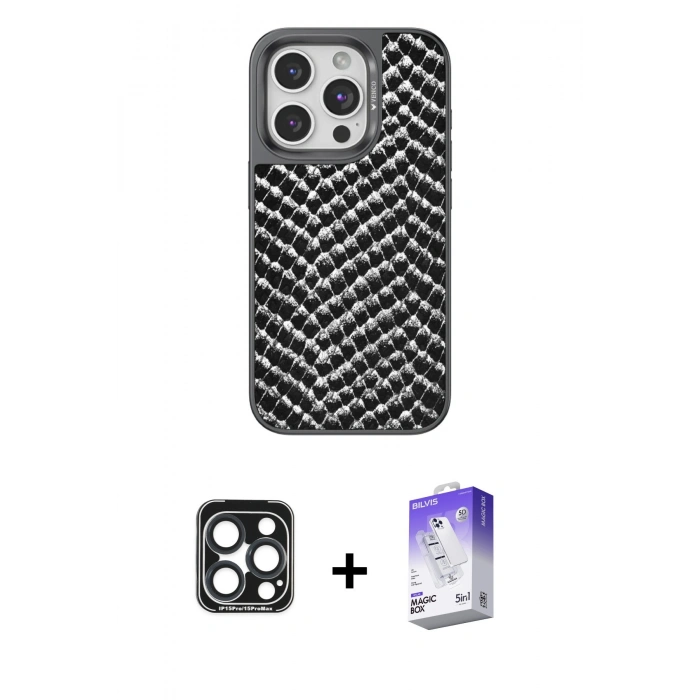 MARSİLYAN™- iPhone 15 Pro Max Kılıf Vadi Özel Seri - Siyah Bilvis 5in1 3D Magic Cam Ekran Koruyucu + PVD Metal Kamera Lens - LT