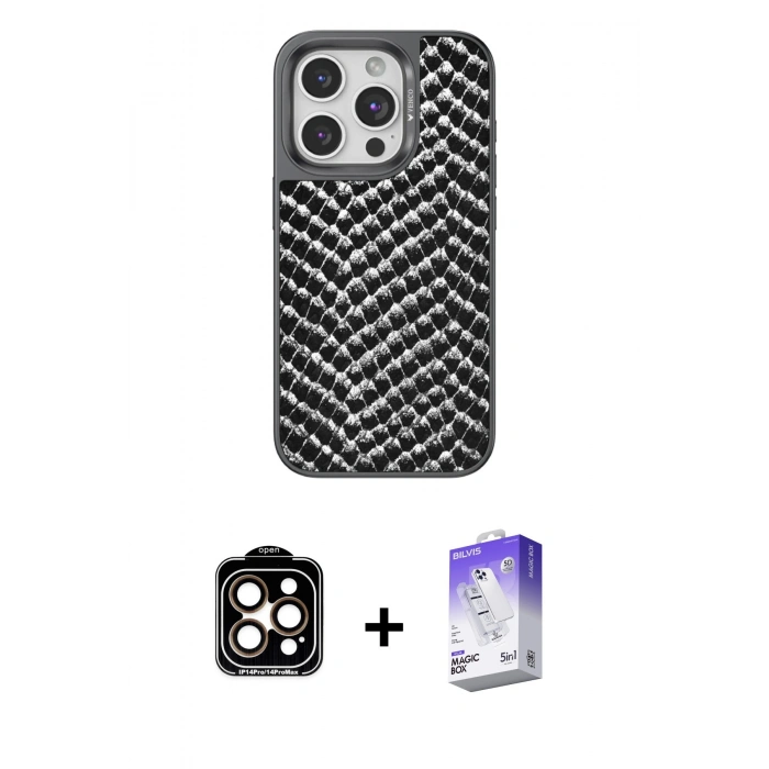 MARSİLYAN™- iPhone 15 Pro Max Kılıf Vadi Özel Seri - Siyah Bilvis 5in1 3D Magic Cam Ekran Koruyucu + PVD Metal Kamera Lens - TU
