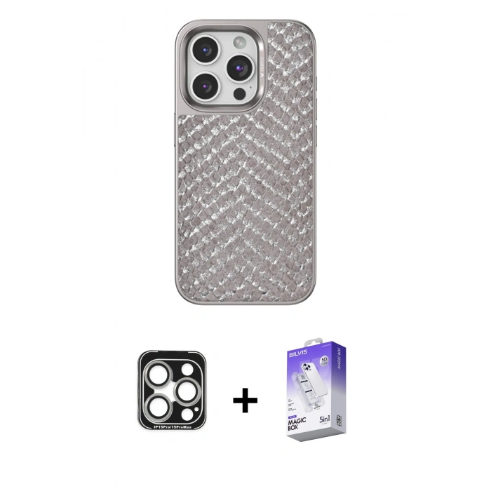 MARSİLYAN™- iPhone 15 Pro Max Kılıf Vadi Özel Seri - Siyah Bilvis 5in1 3D Magic Cam Ekran Koruyucu + PVD Metal Kamera Lens - GS