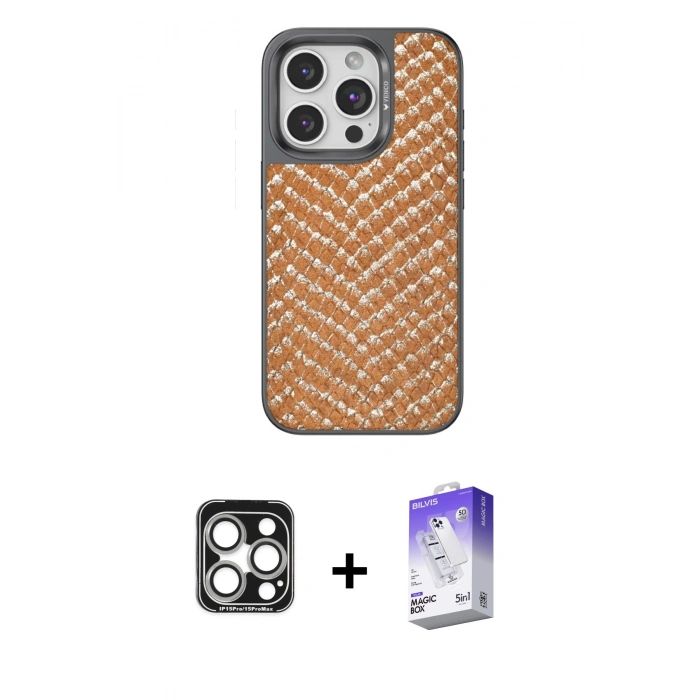 MARSİLYAN™- iPhone 15 Pro Max Kılıf Vadi Özel Seri - Siyah Bilvis 5in1 3D Magic Cam Ekran Koruyucu + PVD Metal Kamera Lens - GS
