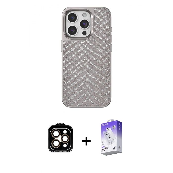 MARSİLYAN™- iPhone 15 Pro Max Kılıf Vadi Özel Seri - Siyah Bilvis 5in1 3D Magic Cam Ekran Koruyucu + PVD Metal Kamera Lens - TU