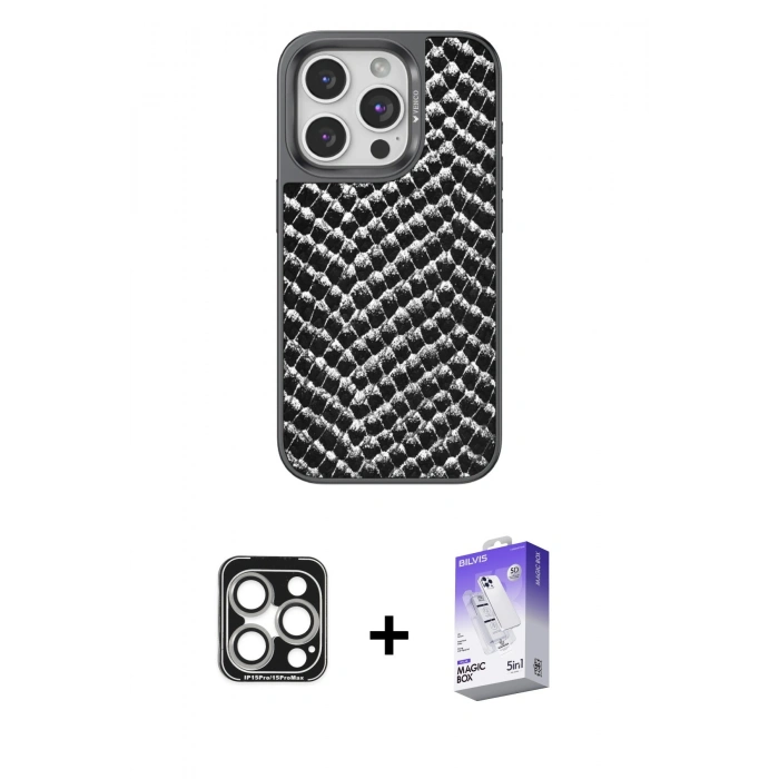 MARSİLYAN™- iPhone 15 Pro Max Kılıf Vadi Özel Seri - Siyah Bilvis 5in1 3D Magic Cam Ekran Koruyucu + PVD Metal Kamera Lens - GS