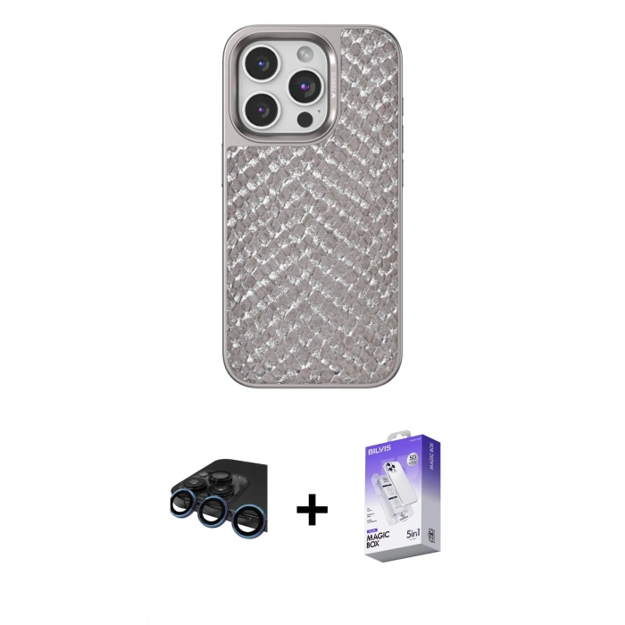 MARSİLYAN™- iPhone 15 Pro Max Kılıf Vadi Özel Seri - Siyah Bilvis 5in1 3D Magic Cam Ekran Koruyucu + Raze Metal Kamera Lens - LT