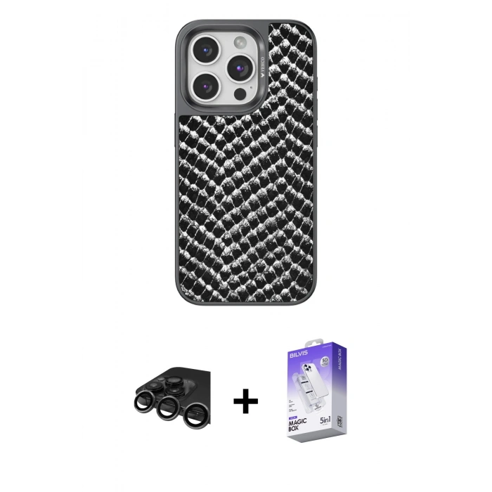 MARSİLYAN™- iPhone 15 Pro Max Kılıf Vadi Özel Seri - Siyah Bilvis 5in1 3D Magic Cam Ekran Koruyucu + Raze Metal Kamera Lens - TMGI