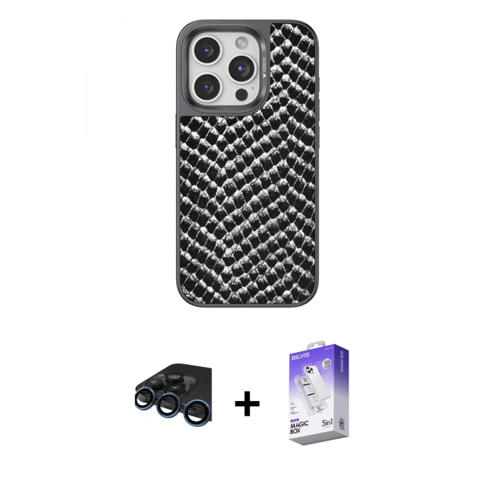 MARSİLYAN™- iPhone 15 Pro Max Kılıf Vadi Özel Seri - Siyah Bilvis 5in1 3D Magic Cam Ekran Koruyucu + Raze Metal Kamera Lens - LT
