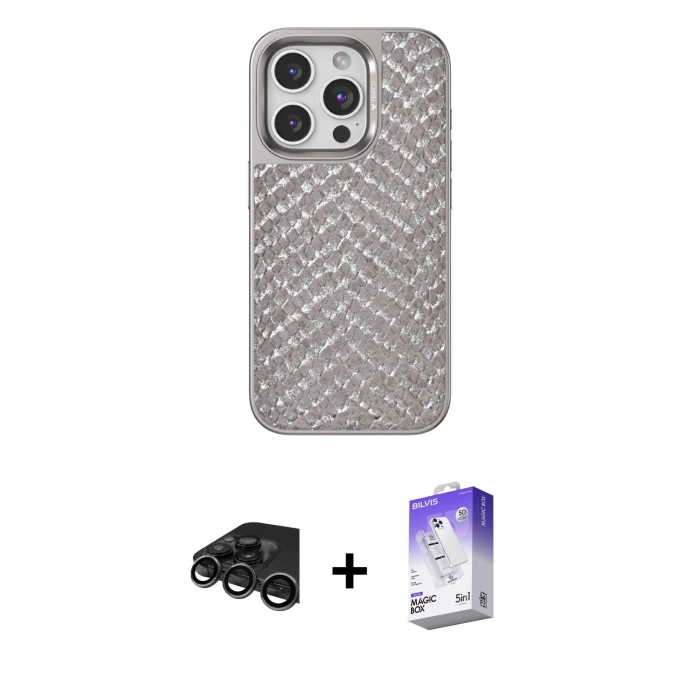 MARSİLYAN™- iPhone 15 Pro Max Kılıf Vadi Özel Seri - Siyah Bilvis 5in1 3D Magic Cam Ekran Koruyucu + Raze Metal Kamera Lens - TMGI