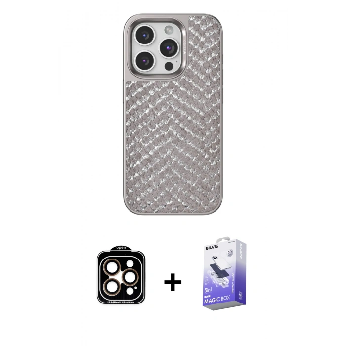MARSİLYAN™- iPhone 15 Pro Max Kılıf Vadi Özel Seri - Siyah Bilvis 5in1 5D Magic Hayalet Cam Ekran Koruyucu + PVD Metal Kamera Lens - TU
