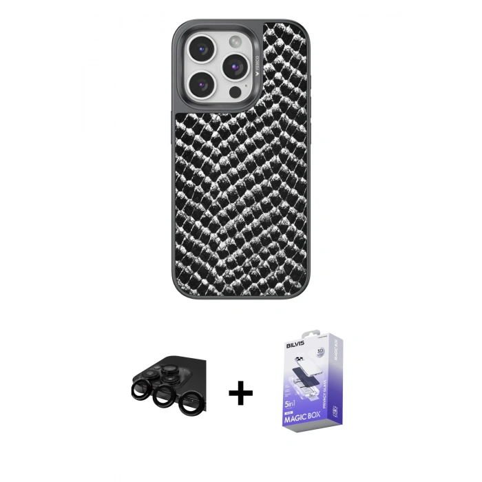 MARSİLYAN™- iPhone 15 Pro Max Kılıf Vadi Özel Seri - Siyah Bilvis 5in1 5D Magic Hayalet Cam Ekran Koruyucu + Raze Metal Kamera Lens - SH