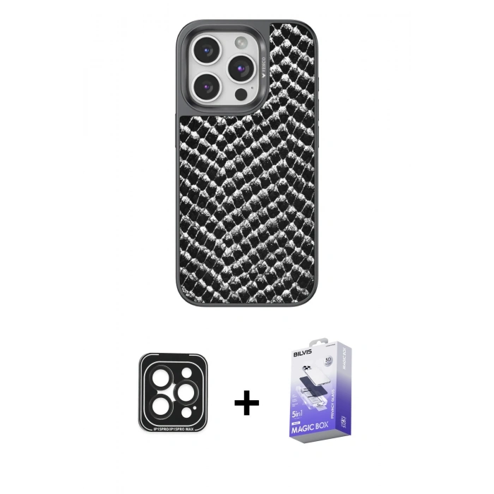MARSİLYAN™- iPhone 15 Pro Max Kılıf Vadi Özel Seri - Siyah Bilvis 5in1 5D Magic Hayalet Cam Ekran Koruyucu + PVD Metal Kamera Lens - SH