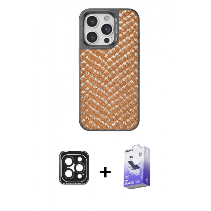 MARSİLYAN™- iPhone 15 Pro Max Kılıf Vadi Özel Seri - Siyah Bilvis 5in1 5D Magic Hayalet Cam Ekran Koruyucu + PVD Metal Kamera Lens - SH