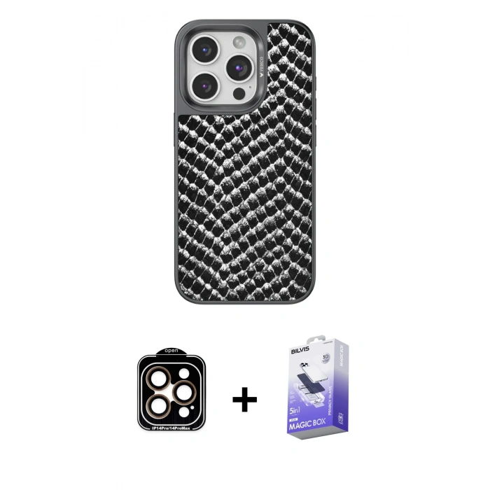 MARSİLYAN™- iPhone 15 Pro Max Kılıf Vadi Özel Seri - Siyah Bilvis 5in1 5D Magic Hayalet Cam Ekran Koruyucu + PVD Metal Kamera Lens - TU
