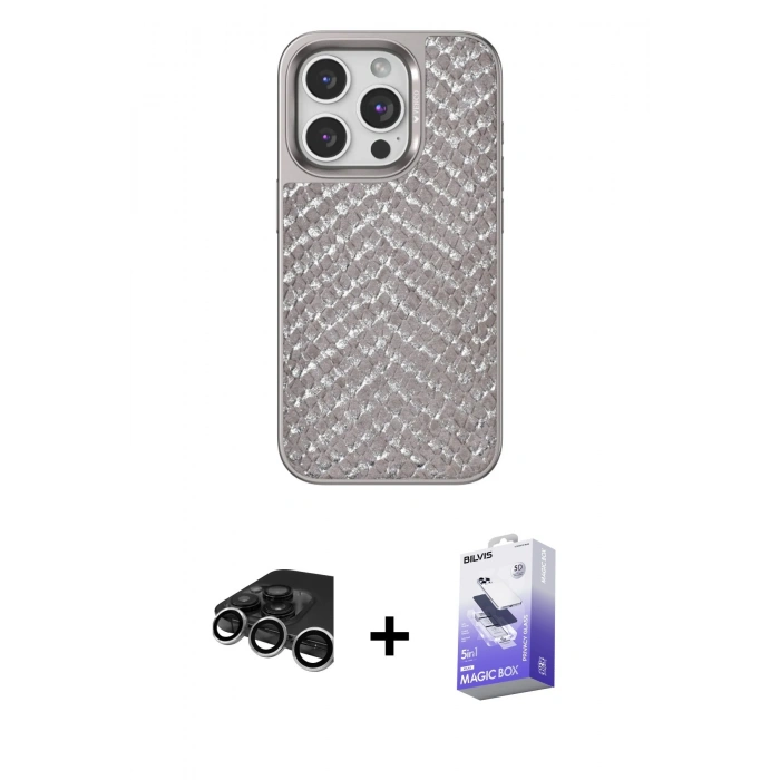 MARSİLYAN™- iPhone 15 Pro Max Kılıf Vadi Özel Seri - Siyah Bilvis 5in1 5D Magic Hayalet Cam Ekran Koruyucu + Gümüş Raze Metal Kamera Lens