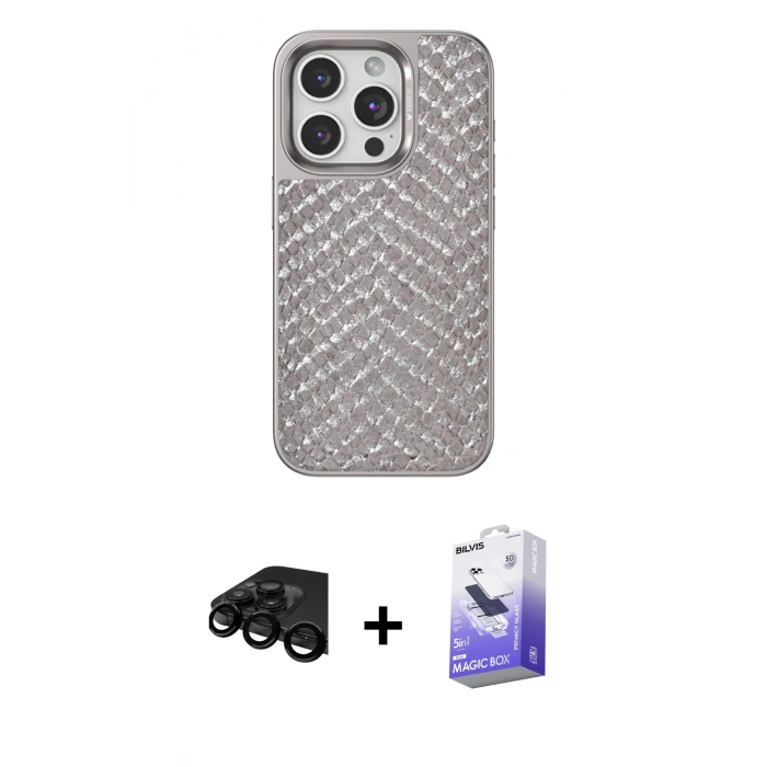 MARSİLYAN™- iPhone 15 Pro Max Kılıf Vadi Özel Seri - Siyah Bilvis 5in1 5D Magic Hayalet Cam Ekran Koruyucu + Raze Metal Kamera Lens - SH