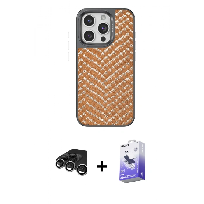 MARSİLYAN™- iPhone 15 Pro Max Kılıf Vadi Özel Seri - Siyah Bilvis 5in1 5D Magic Hayalet Cam Ekran Koruyucu + Gümüş Raze Metal Kamera Lens