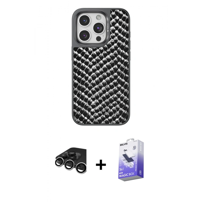 MARSİLYAN™- iPhone 15 Pro Max Kılıf Vadi Özel Seri - Siyah Bilvis 5in1 5D Magic Hayalet Cam Ekran Koruyucu + Gümüş Raze Metal Kamera Lens