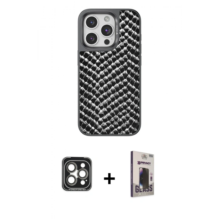 MARSİLYAN™- iPhone 15 Pro Max Kılıf Vadi Özel Seri - Siyah Bilvis Hayalet Cam Ekran Koruyucu + PVD Metal Kamera Lens - GI