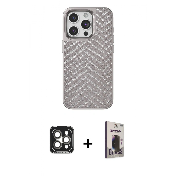MARSİLYAN™- iPhone 15 Pro Max Kılıf Vadi Özel Seri - Siyah Bilvis Hayalet Cam Ekran Koruyucu + PVD Metal Kamera Lens - GI
