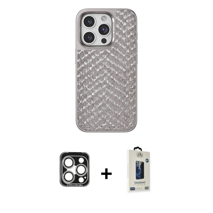 MARSİLYAN™- iPhone 15 Pro Max Kılıf Vadi Özel Seri - Siyah Bilvis Hayalet Cam Ekran Koruyucu + PVD Metal Kamera Lens - GS