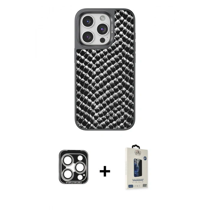MARSİLYAN™- iPhone 15 Pro Max Kılıf Vadi Özel Seri - Siyah Bilvis Hayalet Cam Ekran Koruyucu + PVD Metal Kamera Lens - GS