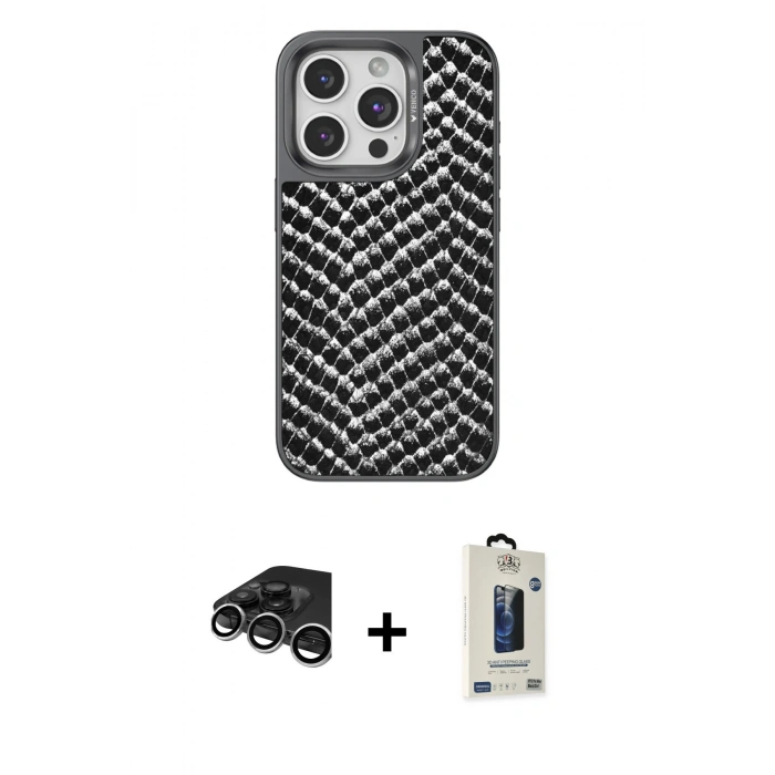 MARSİLYAN™- iPhone 15 Pro Max Kılıf Vadi Özel Seri - Siyah Bilvis Hayalet Cam Ekran Koruyucu + Raze Metal Kamera Lens - GS