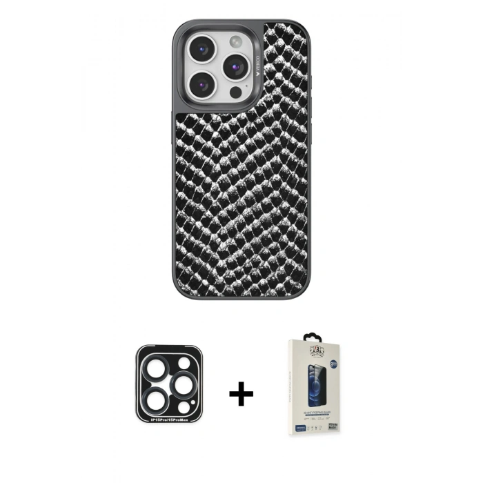 MARSİLYAN™- iPhone 15 Pro Max Kılıf Vadi Özel Seri - Siyah Bilvis Hayalet Cam Ekran Koruyucu + Lacivert PVD Metal Kamera Lens