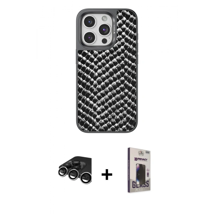 MARSİLYAN™- iPhone 15 Pro Max Kılıf Vadi Özel Seri - Siyah Bilvis Hayalet Cam Ekran Koruyucu + Raze Metal Kamera Lens - GS