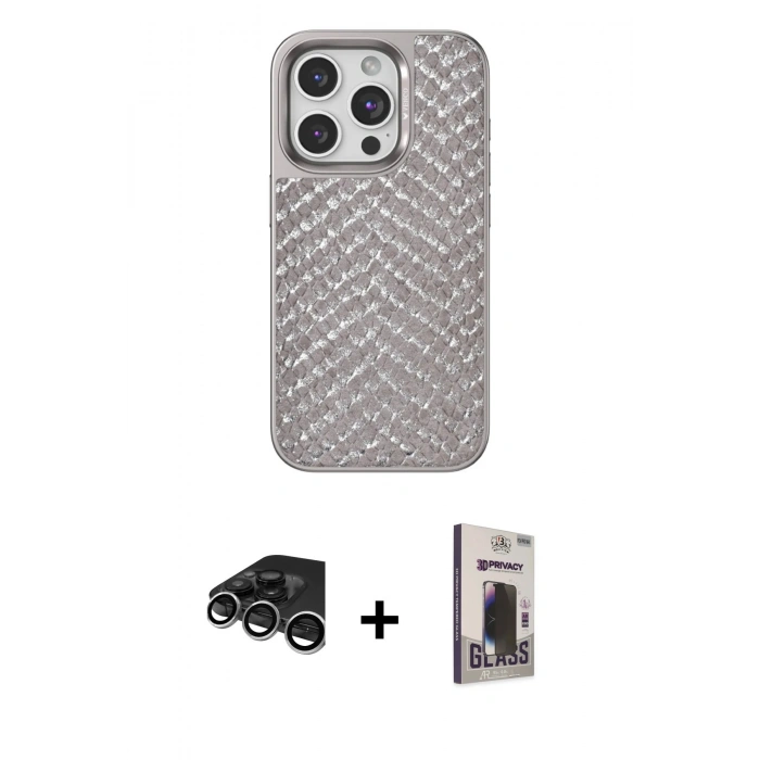 MARSİLYAN™- iPhone 15 Pro Max Kılıf Vadi Özel Seri - Siyah Bilvis Hayalet Cam Ekran Koruyucu + Raze Metal Kamera Lens - GS