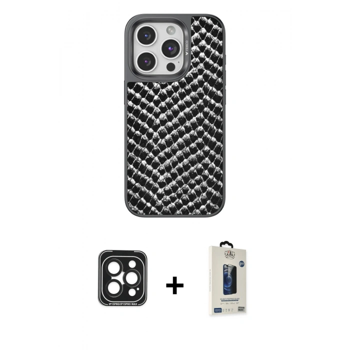 MARSİLYAN™- iPhone 15 Pro Max Kılıf Vadi Özel Seri - Siyah Bilvis Hayalet Cam Ekran Koruyucu + PVD Metal Kamera Lens - SH