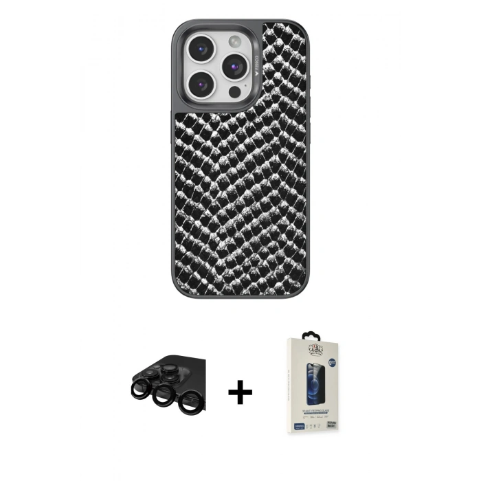 MARSİLYAN™- iPhone 15 Pro Max Kılıf Vadi Özel Seri - Siyah Bilvis Hayalet Cam Ekran Koruyucu + Raze Metal Kamera Lens - SH