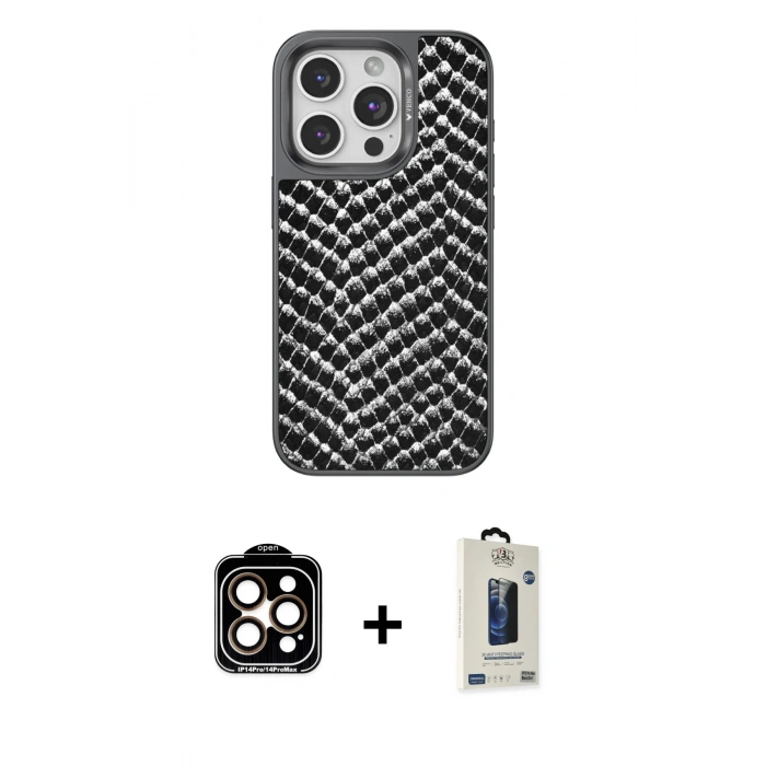 MARSİLYAN™- iPhone 15 Pro Max Kılıf Vadi Özel Seri - Siyah Bilvis Hayalet Cam Ekran Koruyucu + PVD Metal Kamera Lens - TU