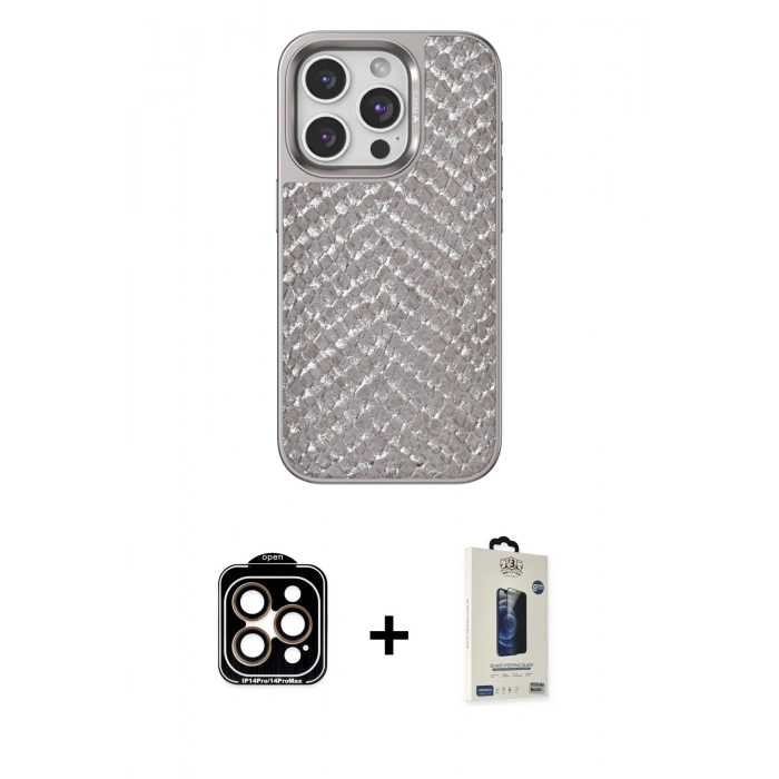 MARSİLYAN™- iPhone 15 Pro Max Kılıf Vadi Özel Seri - Siyah Bilvis Hayalet Cam Ekran Koruyucu + PVD Metal Kamera Lens - TU