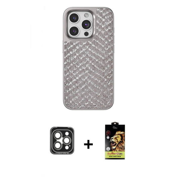 MARSİLYAN™- iPhone 15 Pro Max Kılıf Vadi Özel Seri - Siyah Buffer Cam Ekran Koruyucu + PVD Metal Kamera Lens - GI