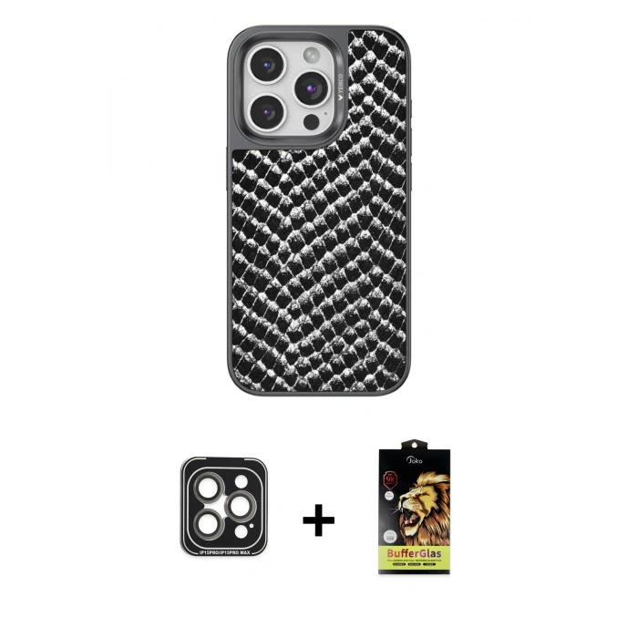 MARSİLYAN™- iPhone 15 Pro Max Kılıf Vadi Özel Seri - Siyah Buffer Cam Ekran Koruyucu + PVD Metal Kamera Lens - GI