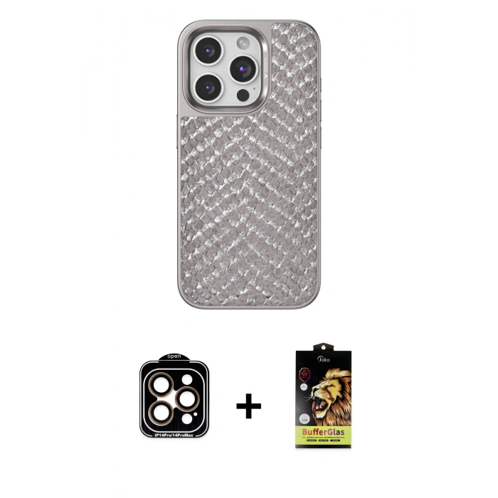 MARSİLYAN™- iPhone 15 Pro Max Kılıf Vadi Özel Seri - Siyah Buffer Cam Ekran Koruyucu + PVD Metal Kamera Lens - TU