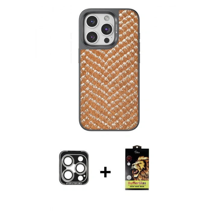 MARSİLYAN™- iPhone 15 Pro Max Kılıf Vadi Özel Seri - Siyah Buffer Cam Ekran Koruyucu + PVD Metal Kamera Lens - GS
