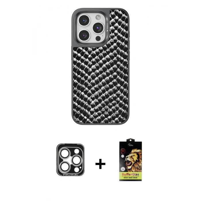 MARSİLYAN™- iPhone 15 Pro Max Kılıf Vadi Özel Seri - Siyah Buffer Cam Ekran Koruyucu + PVD Metal Kamera Lens - GS