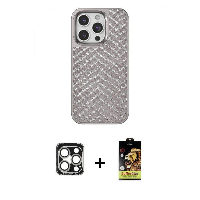 MARSİLYAN™- iPhone 15 Pro Max Kılıf Vadi Özel Seri - Siyah Buffer Cam Ekran Koruyucu + PVD Metal Kamera Lens - GS