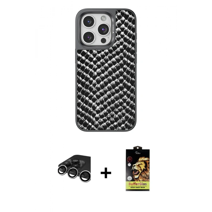 MARSİLYAN™- iPhone 15 Pro Max Kılıf Vadi Özel Seri - Siyah Buffer Cam Ekran Koruyucu + Raze Metal Kamera Lens - GS