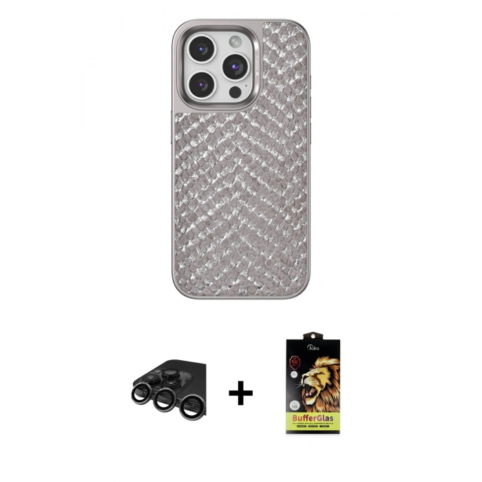 MARSİLYAN™- iPhone 15 Pro Max Kılıf Vadi Özel Seri - Siyah Buffer Cam Ekran Koruyucu + Raze Metal Kamera Lens - TMGI