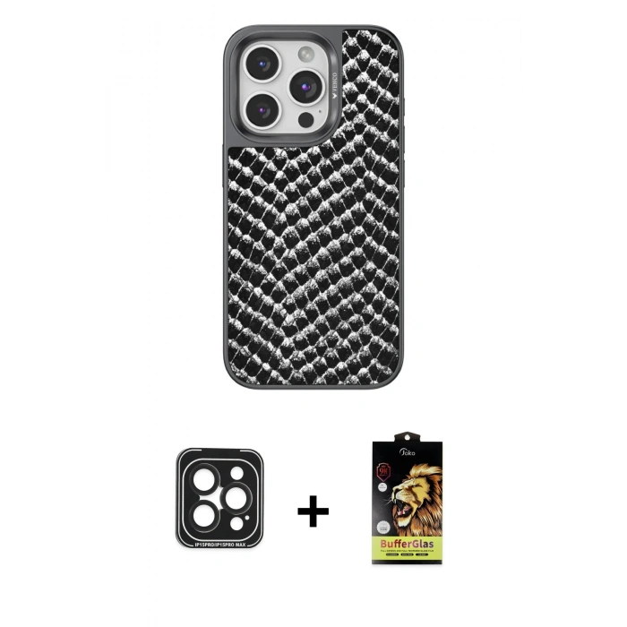 MARSİLYAN™- iPhone 15 Pro Max Kılıf Vadi Özel Seri - Siyah Buffer Cam Ekran Koruyucu + PVD Metal Kamera Lens - SH